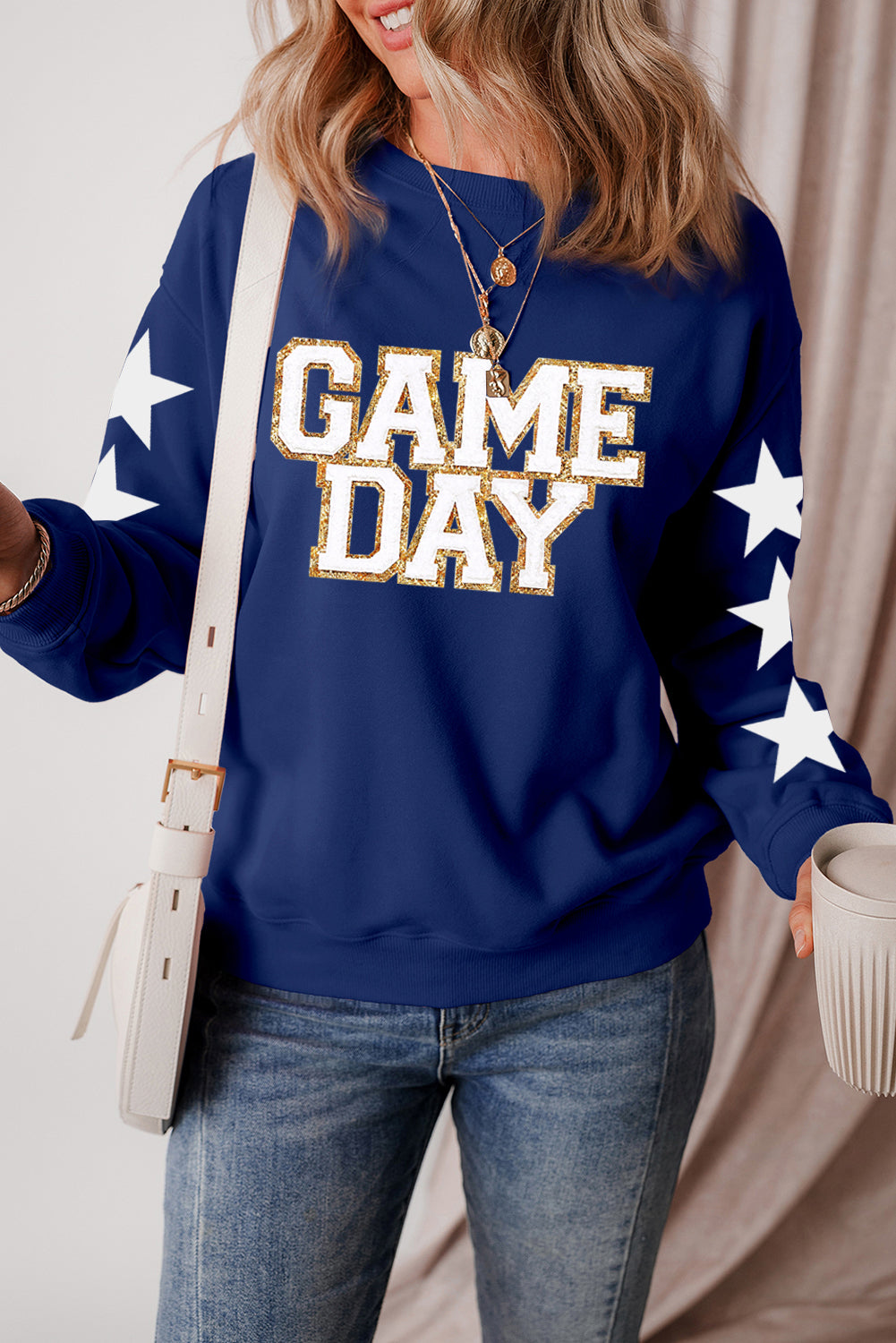 Game Day Printed Star Sleeve Crewneck Pullover Sweatshirt | Navy Blue