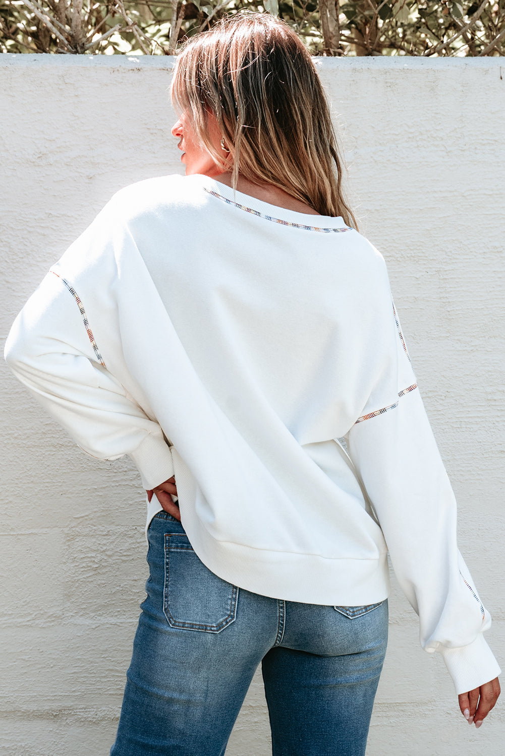 Contrast Rainbow Trim Drop Shoulder Pullover Sweatshirt | White