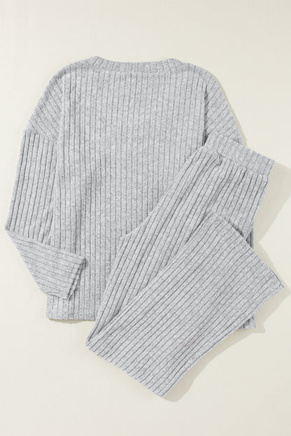 Ribbed Knit V Neck Slouchy Two-Piece Outfit | Light Grey