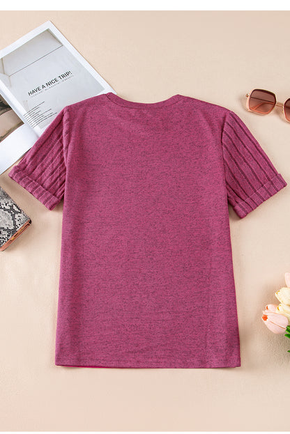 Ribbed Splicing Sleeve Round Neck T-Shirt | Bright Pink