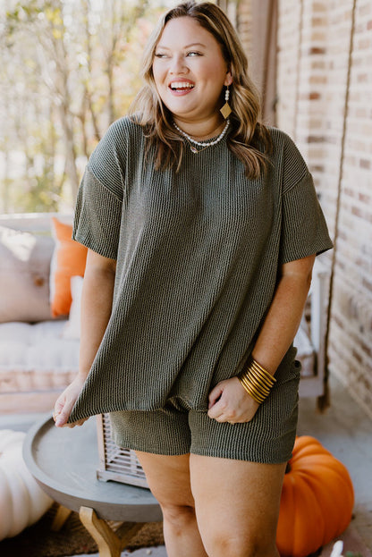 Plus Size Rib Knit Short Sleeve Top And Shorts Set | Moss Green