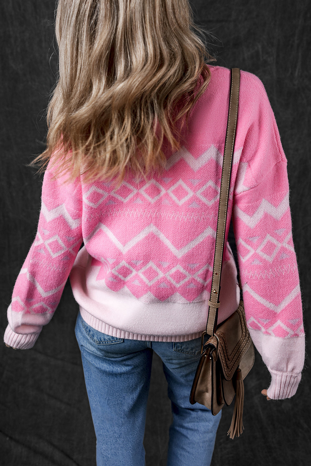 Western Aztec Geometric Drop Shoulder Sweater | Pink