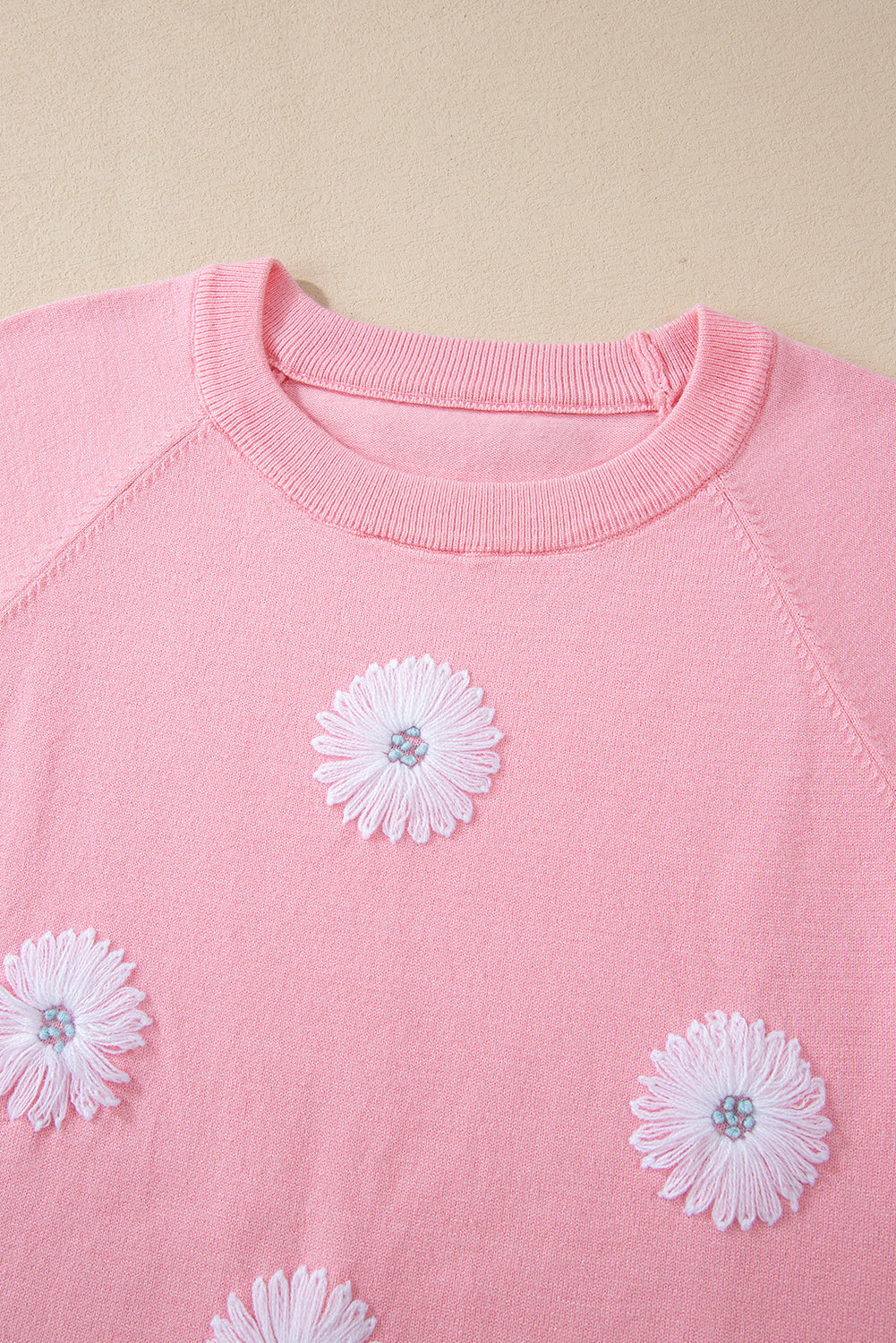 Flower Pattern Short Sleeve Knitted Top | Pink