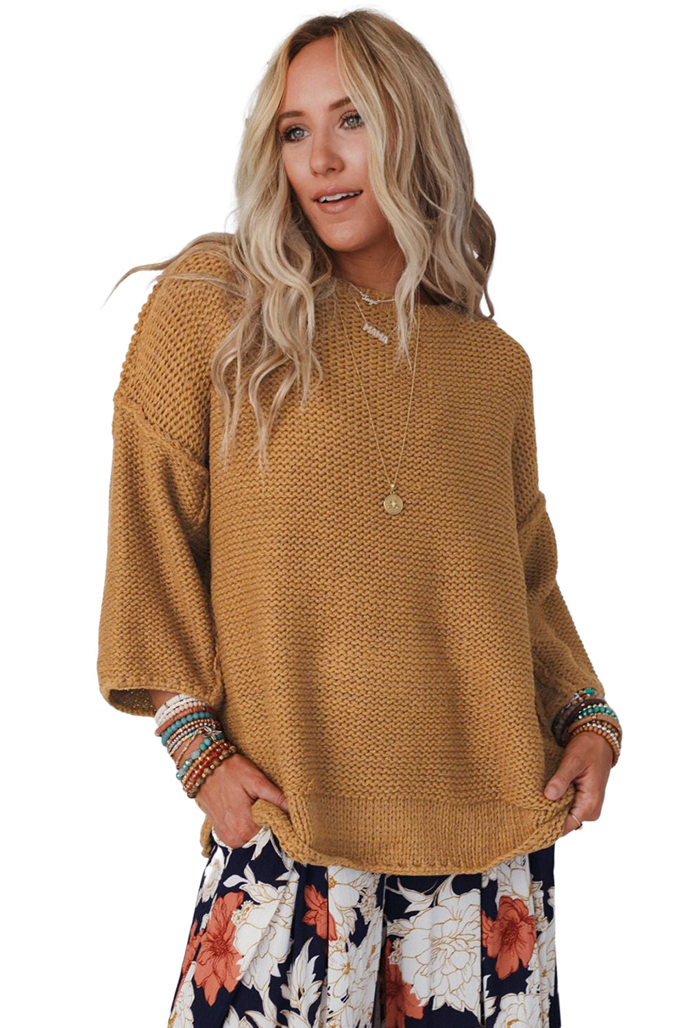 Slouchy Textured Knit Loose Sweater | Brown