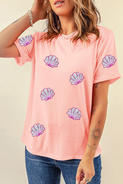 Sequin Shell Graphic Round Neck T Shirt | Pink