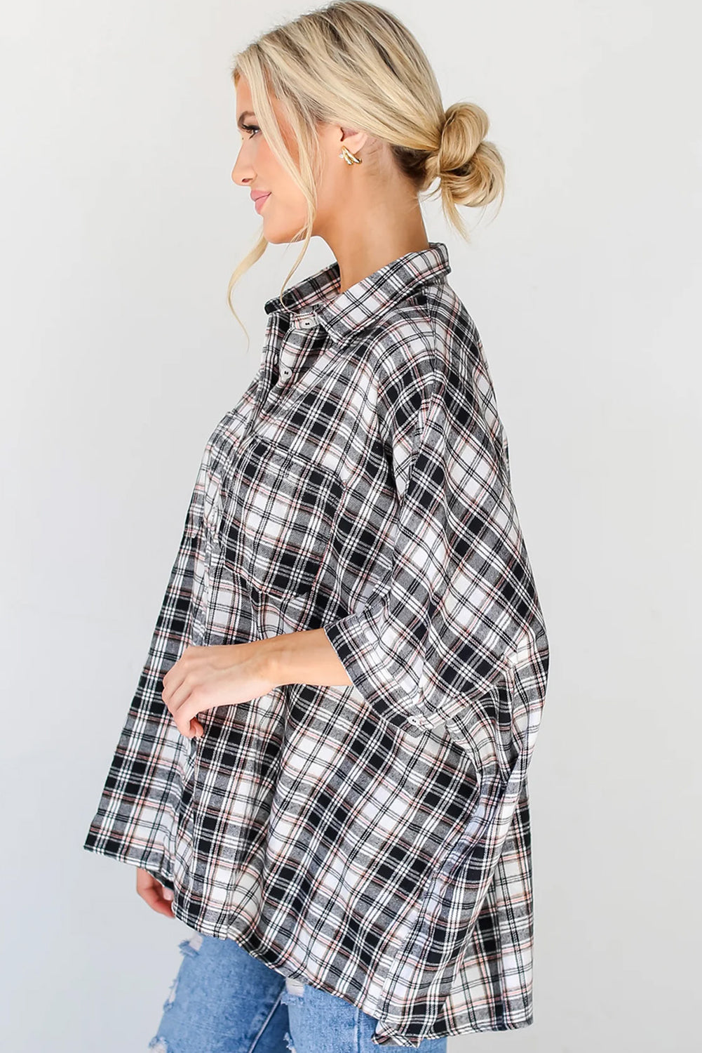 Plaid Print Chest Pockets Oversize Shirt | Black