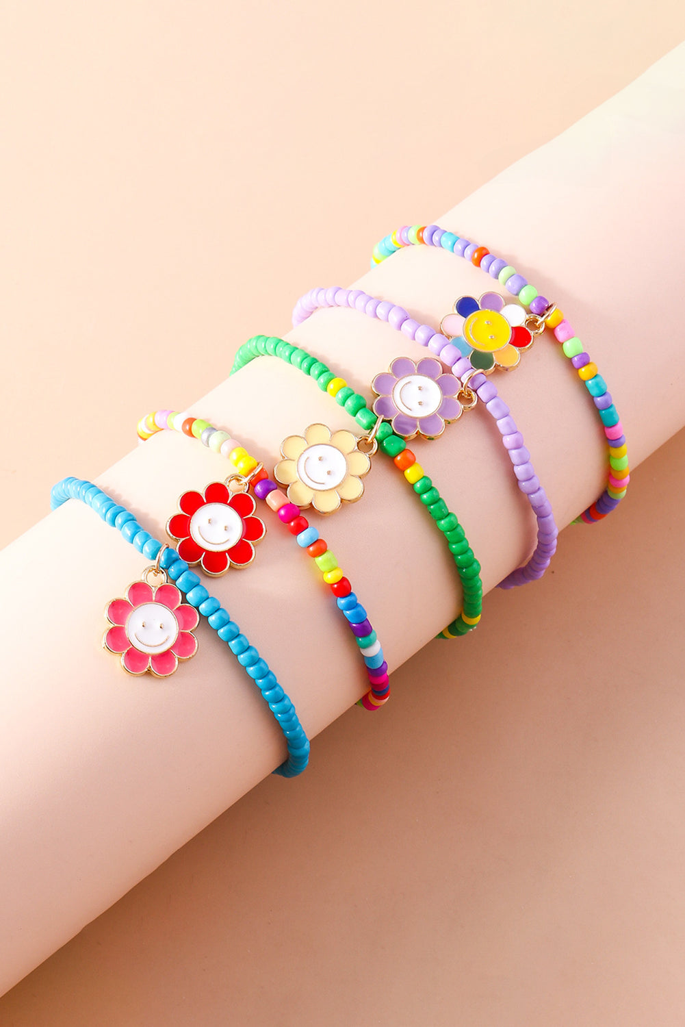 5Pcs Smiley Flower Pendant Beaded Bracelet Set | Light Blue