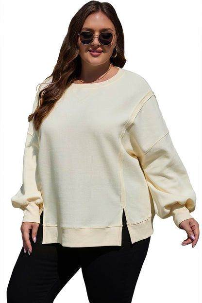 Solid Colour Waffle Knit Drop Shoulder Plus Size Sweatshirt | White