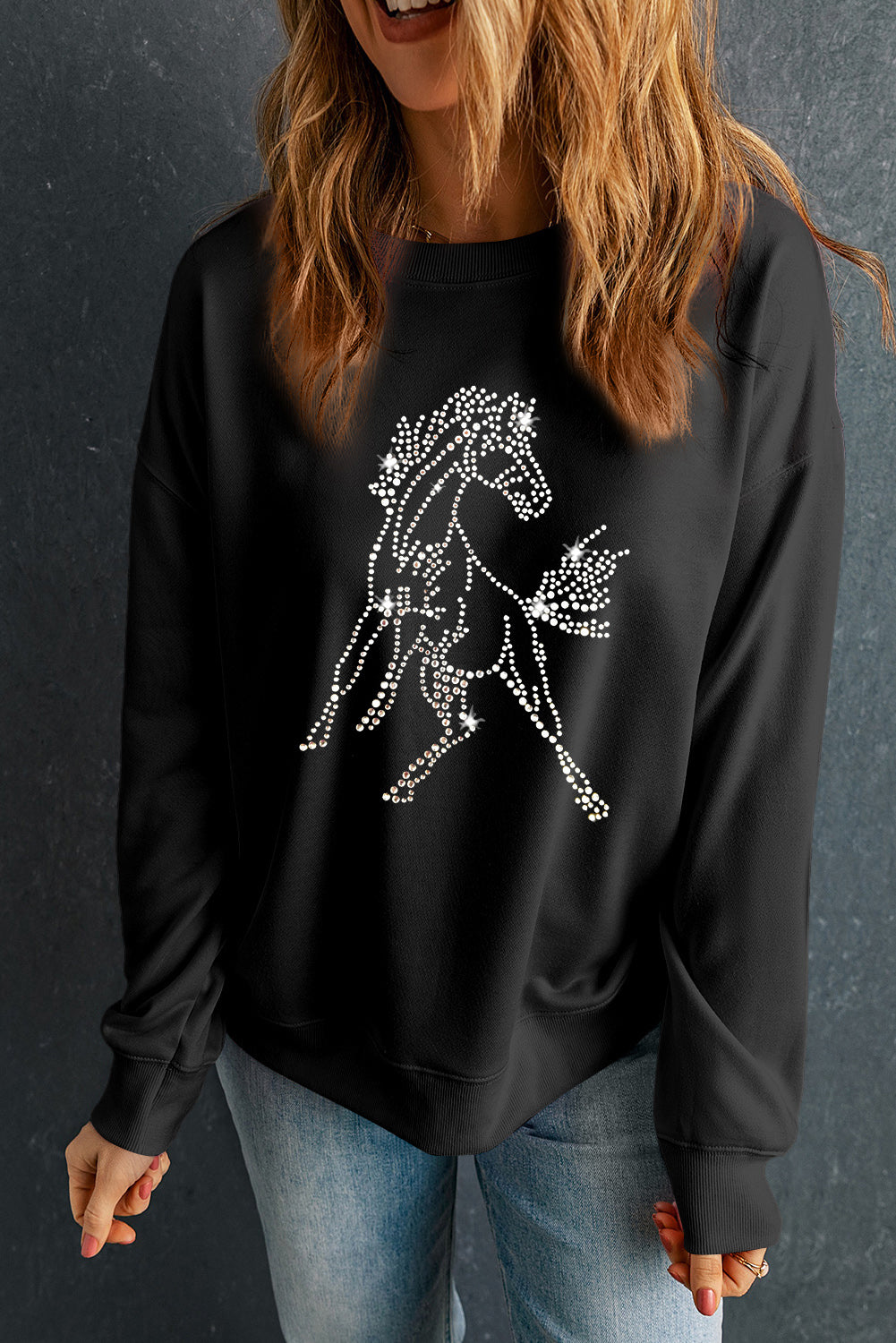 Rhinestone Horse Drop Shoulder Crewneck Sweatshirt | Black