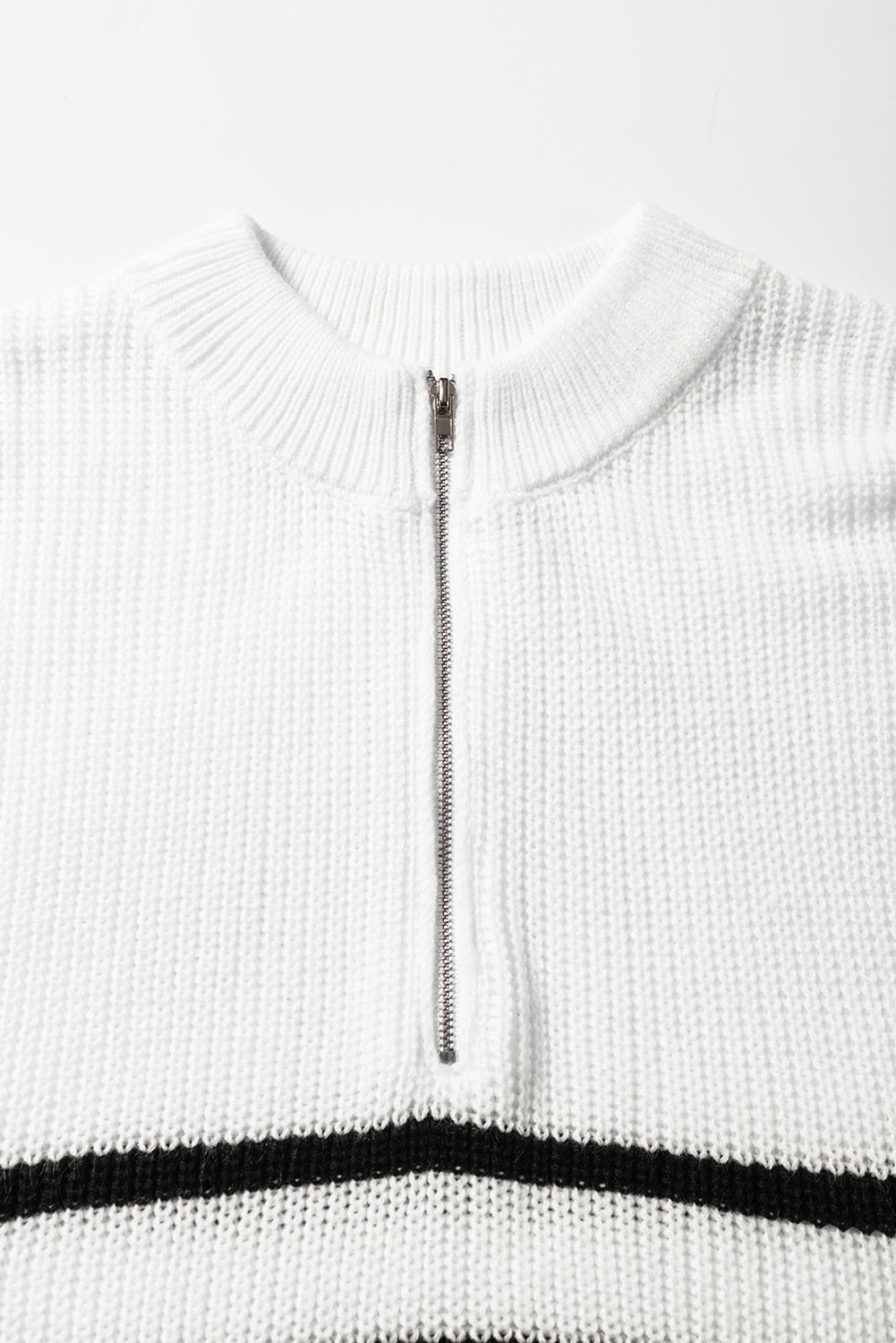 Half Zip Split Stand Neck Sweater T-Shirt | White Stripe