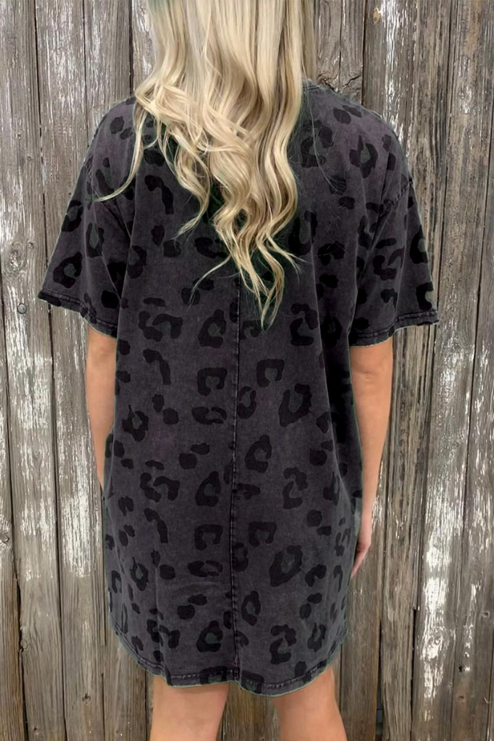 Vintage Washed Leopard T-Shirt Dress With Pockets | Gray