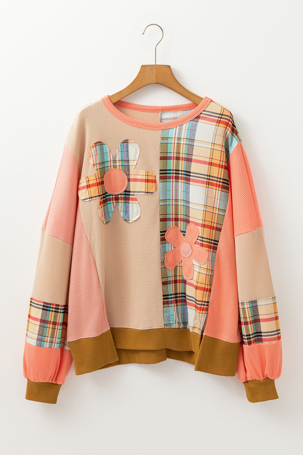 Waffle Knit Plaid Patchwork Side Slits Loose Sweatshirt | Multicolour