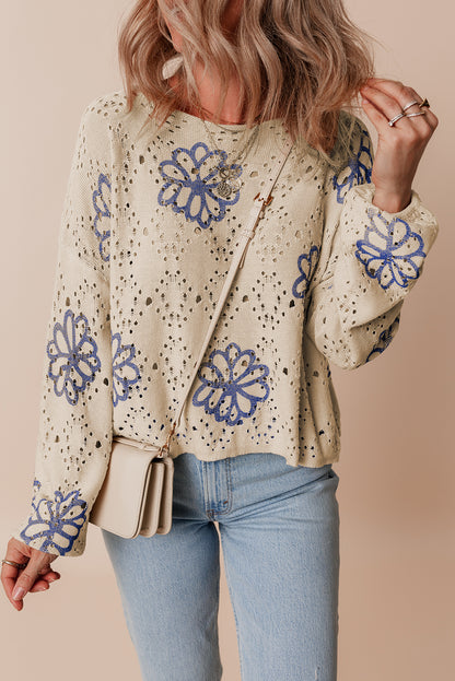 Contrast Flower Print Eyelet Drop Shoulder Sweater | Beige