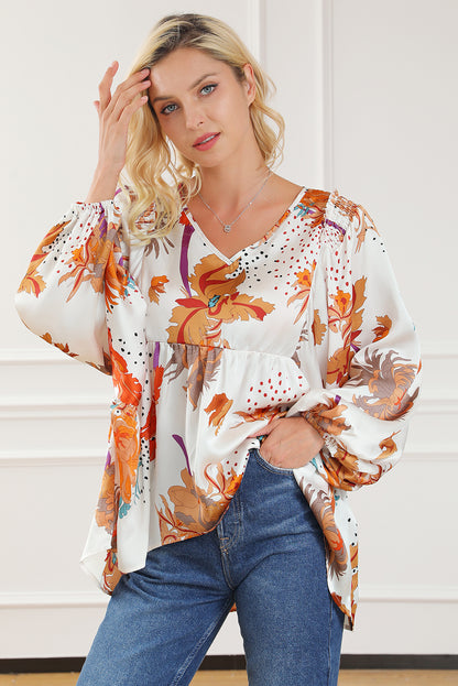 Floral Print V Neck Babydoll Blouse | Multicolour