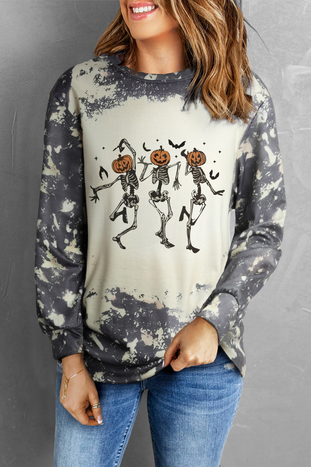 Dancing Skeleton Halloween Tie Dye Long Sleeve Top | Multicolour