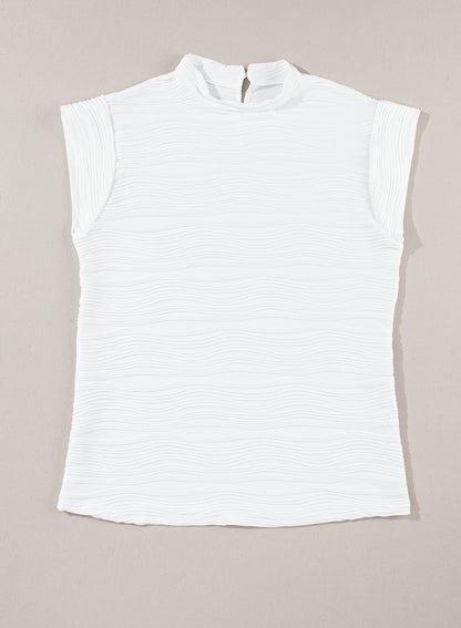 Wavy Textured Mock Neck Cap Sleeve Top | White