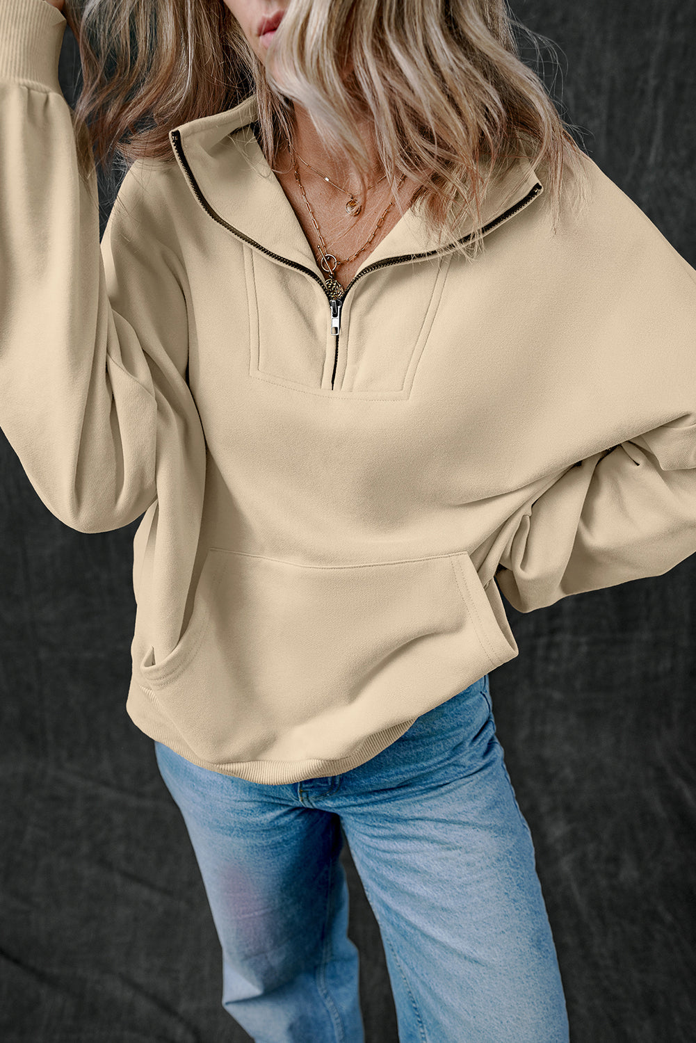 Zip-Up Stand Neck Kangaroo Pocket Sweatshirt | Smoke Gray