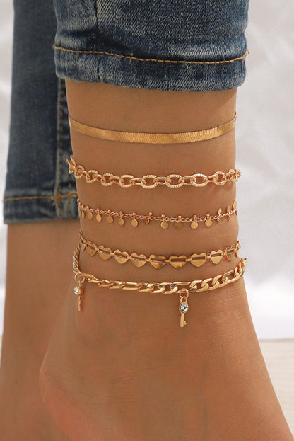 Sweet Heart Rhinestone Dangle 5-Piece Anklets | Gold