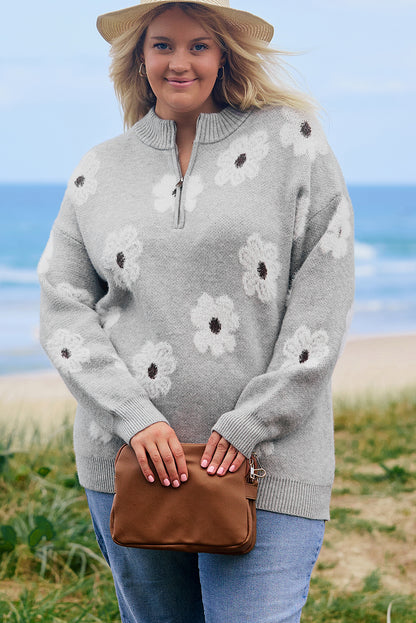 Plus Size Embroidered Floral Pattern Half Zip Sweater | Gray