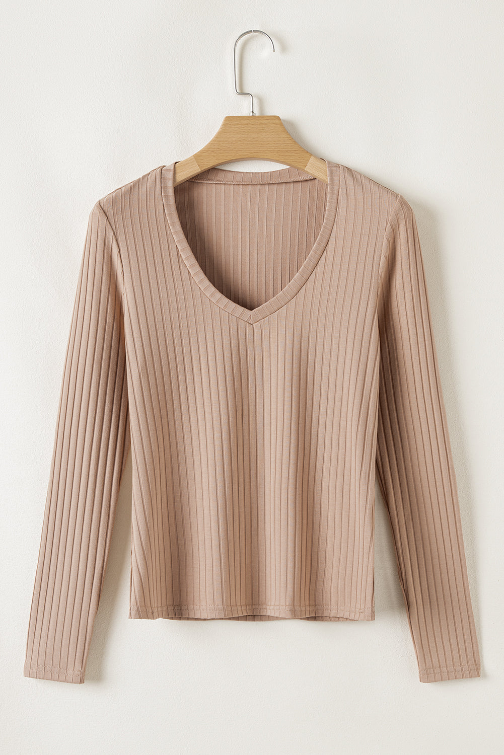 Ribbed Knit V Neck Long Sleeve Slim Fit Top | Straw Yellow