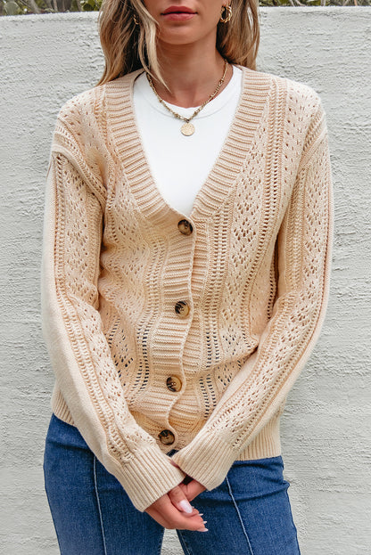 Open Knit Drop Shoulder Sweater Cardigan | Beige