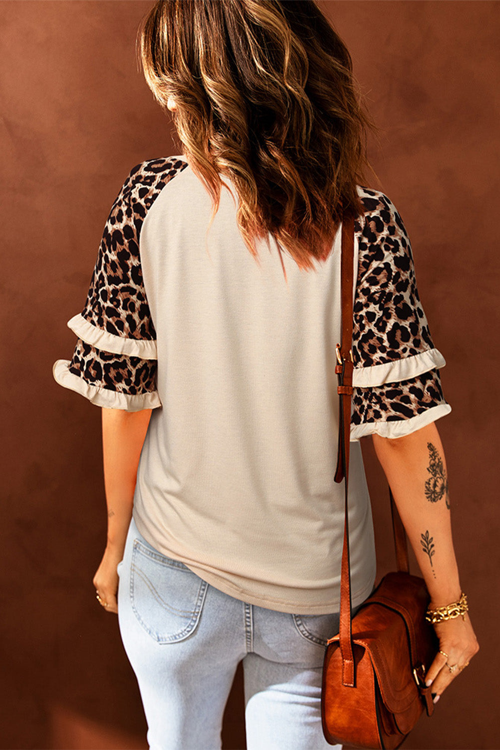 Howdy Leopard Print Tiered Ruffled 3/4 Sleeve Tee | Apricot