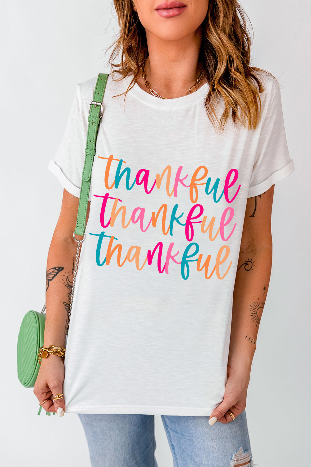 Thankful Printed Crewneck Thanksgiving T Shirt | White