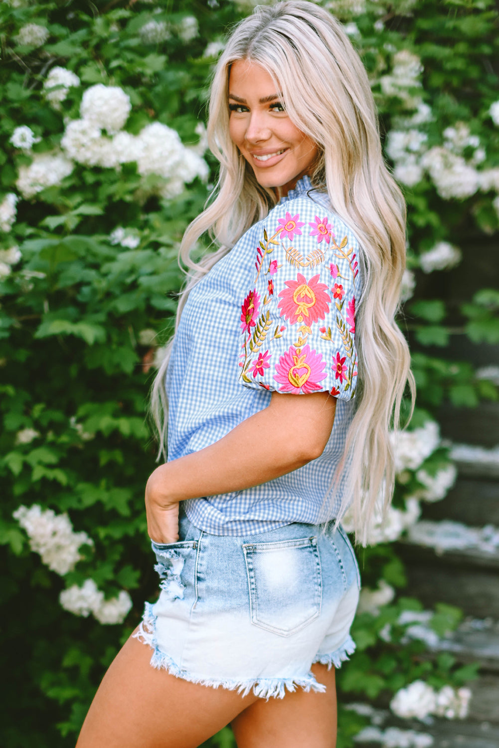 Gingham Floral Embroidered Puff Sleeve Blouse | Light Blue