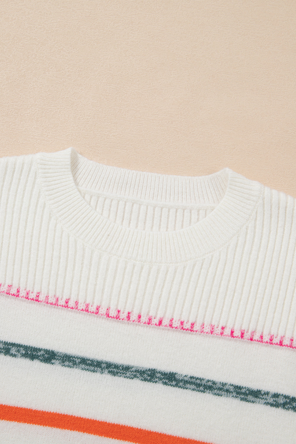 Colourful Striped Ribbed Trim Sweater | White