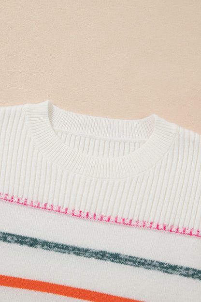 Colourful Striped Ribbed Trim Sweater | White