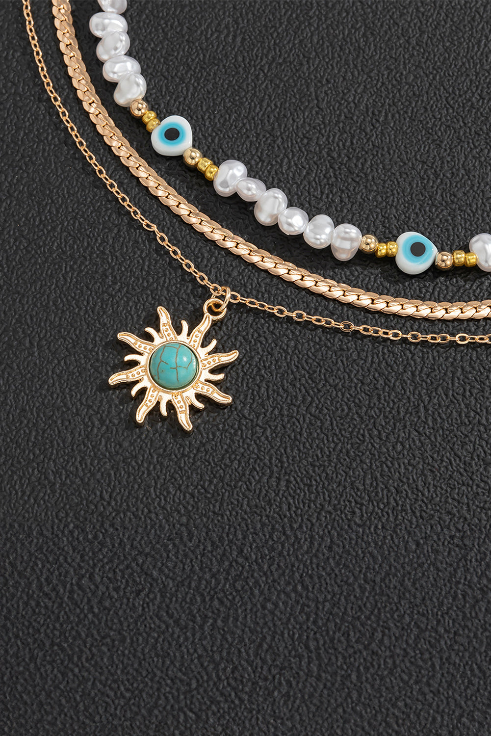 Sun Turquoise Pearl Beaded Multi Layered Pendant Necklace | Gold