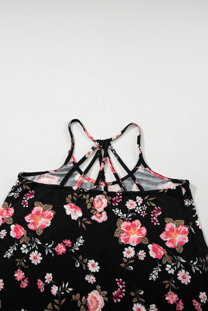 Floral Spaghetti Straps Strappy Back Tank Top | Black