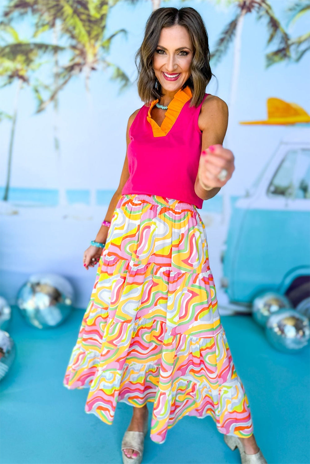 Abstract Print Tiered Flowy Maxi Skirt | Pink