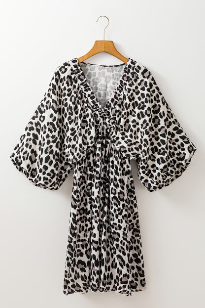 Leopard Print Elasticated V Neck 3/4 Puff Sleeve Dress | Black