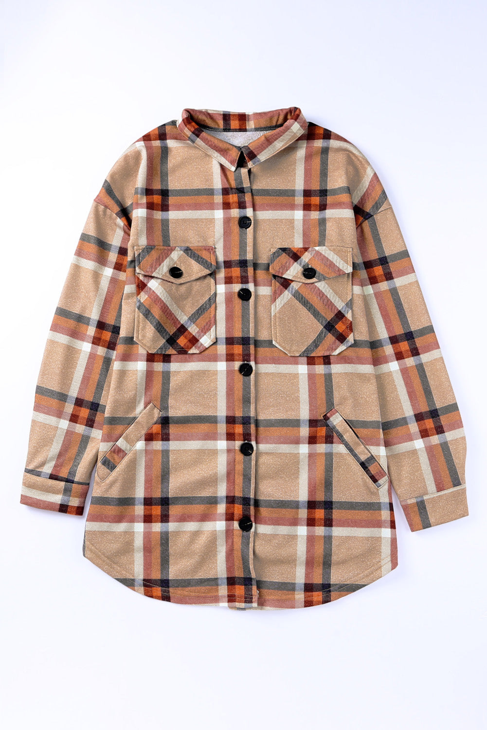 Chest Pockets Buttoned Oversized Plaid Shacket | Khaki