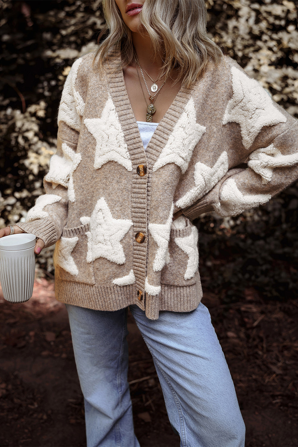 Sherpa Star Pattern Textured Sweater Cardigan With Pockets | Khaki