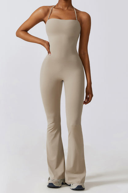 Smoke Gray Halter Flared Yoga Jumpsuit