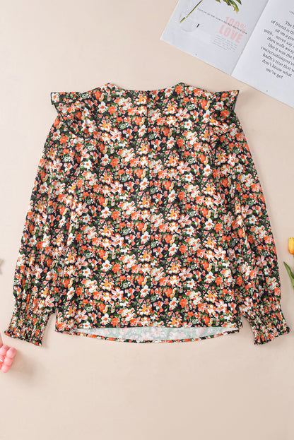 Ruffle Trim Shirred Cuffs Floral Blouse | Orange