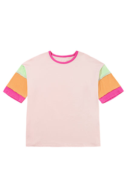 Colour Block Stitching Sleeve Round Neck Oversize Top | Pink