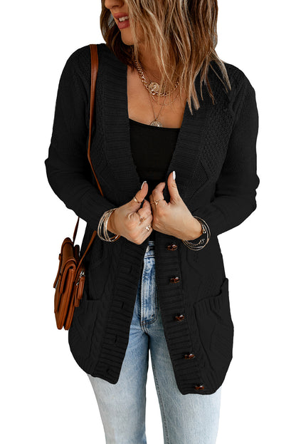 Front Pocket And Buttons Closure Cardigan | Black