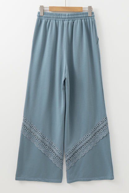 Lace Crochet Patched Lace-Up High Waist Wide Leg Pants | Dusk Blue