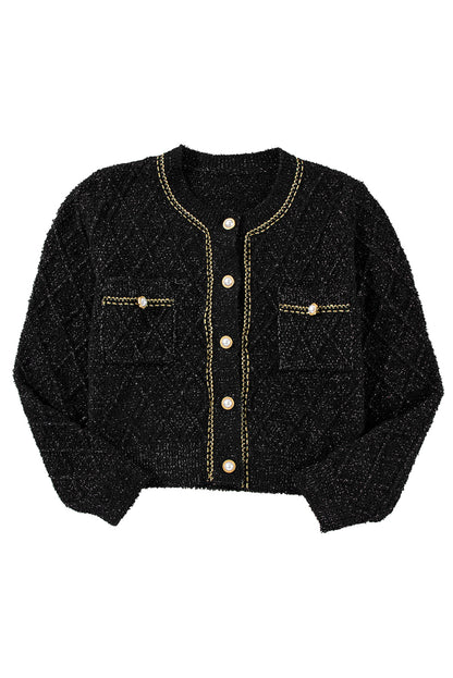 Shimmer Flap Pocket Button Up Cardigan | Black