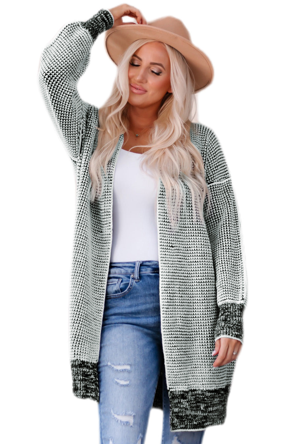 Plaid Knitted Long Open Front Cardigan | Gray