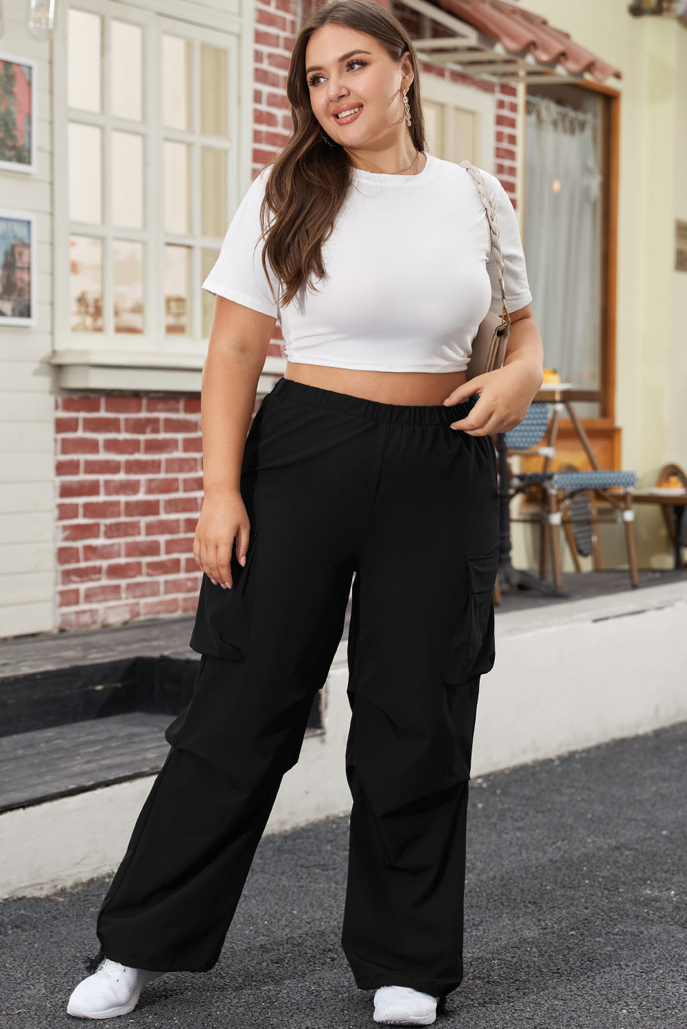 Plus Size Flap Pocket Elastic Waist Cargo Pants | Black