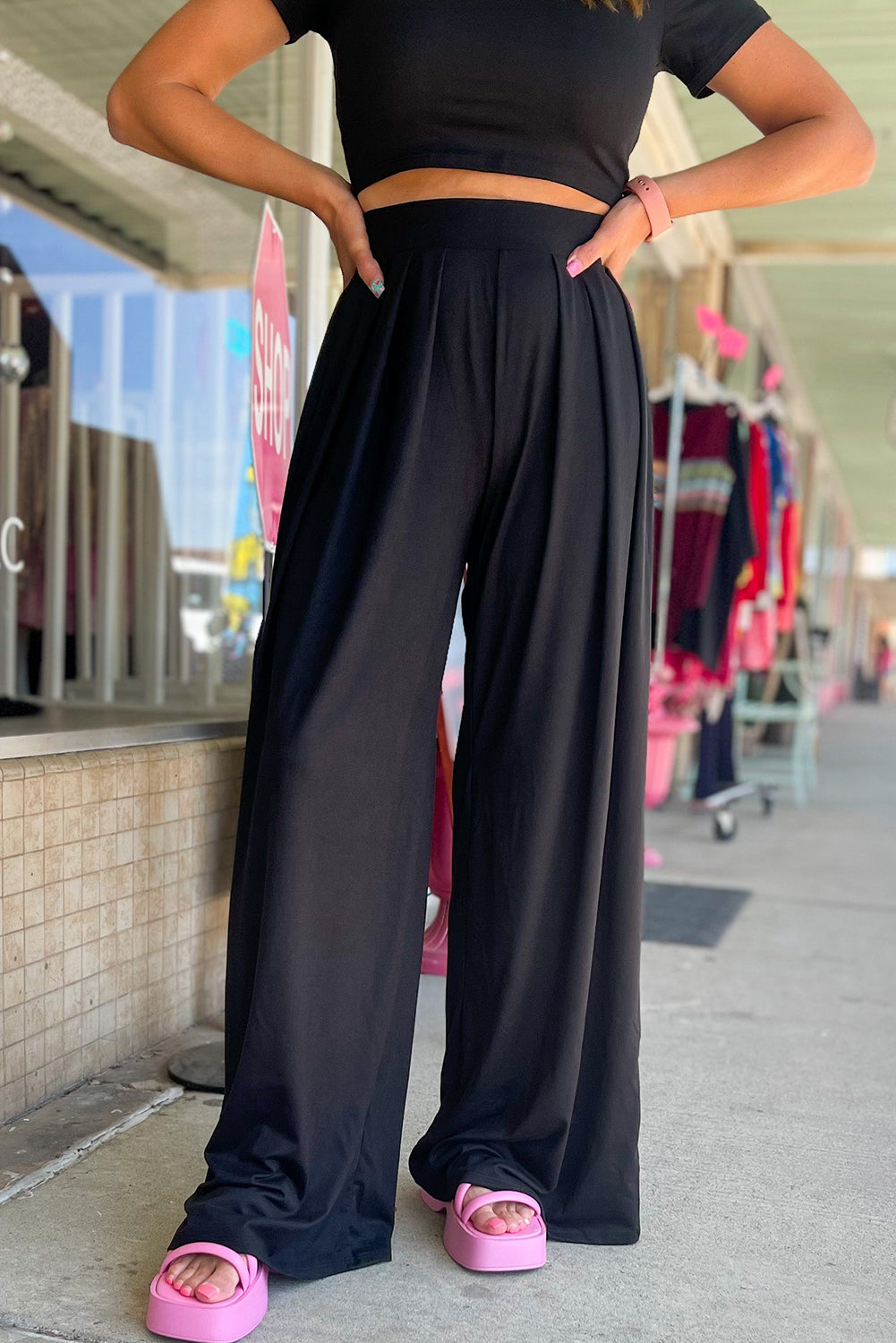 Slim Fit Crop Top And Pleated Wide Leg Pants Set | Black