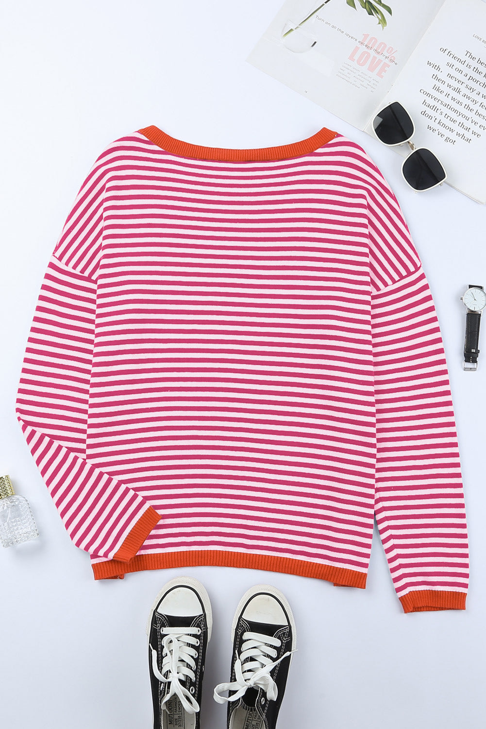 Contrast Trimmed Striped Drop Shoulder Sweater | Pink