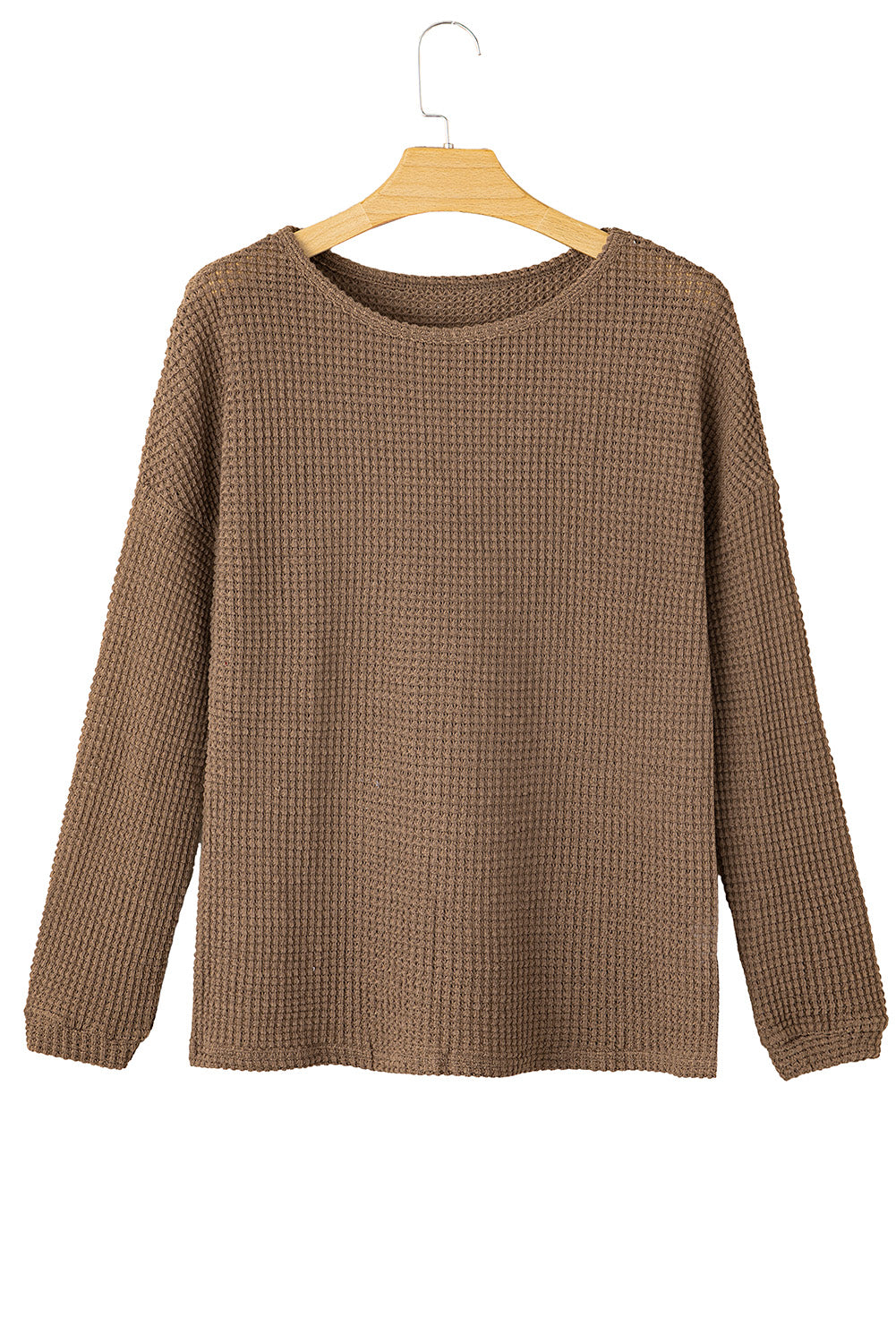 Waffle Knit Drop Shoulder Long Sleeve Top | Dark Brown