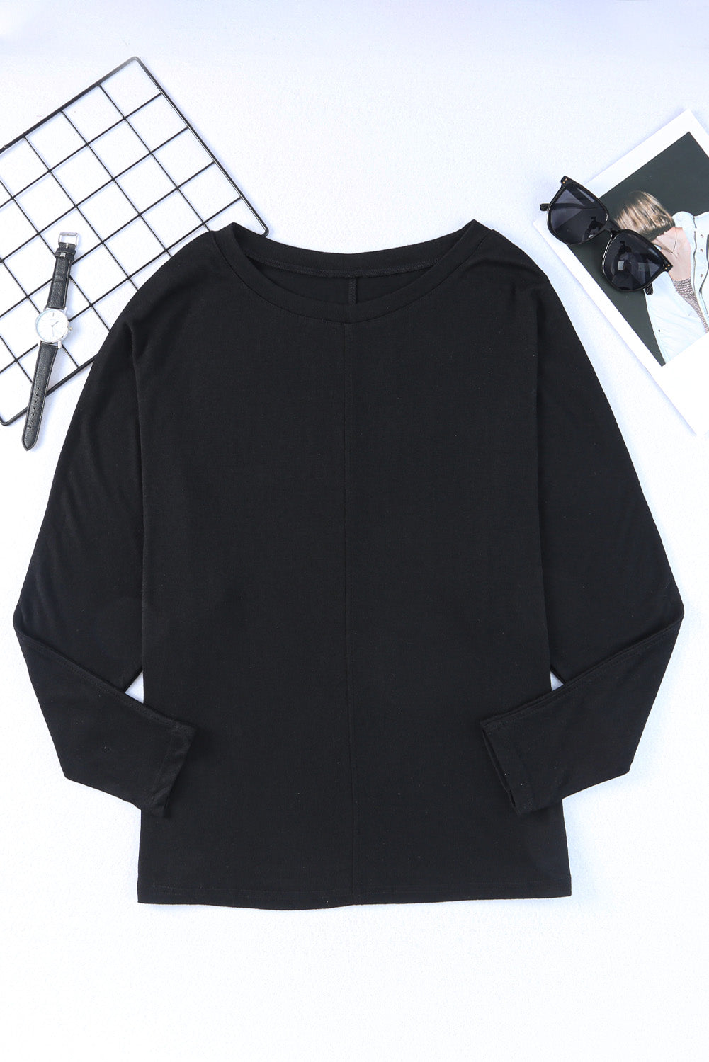 Solid Colour Patchwork Long Sleeve Top | Black