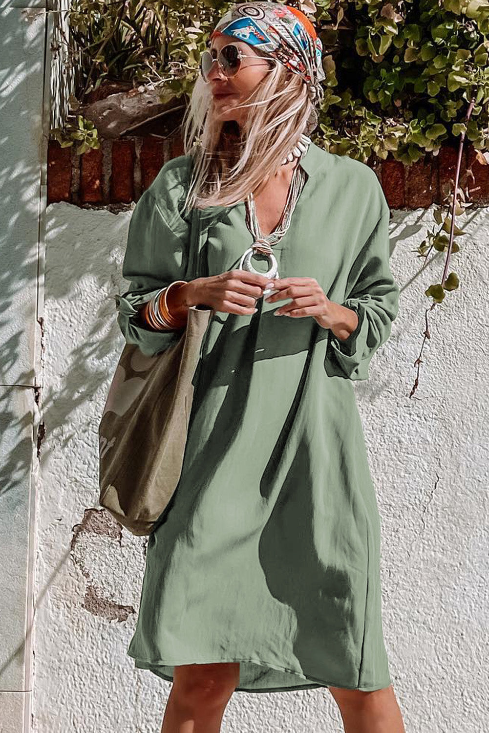 Roll-Tab Sleeve Flowy Casual Dress | Green