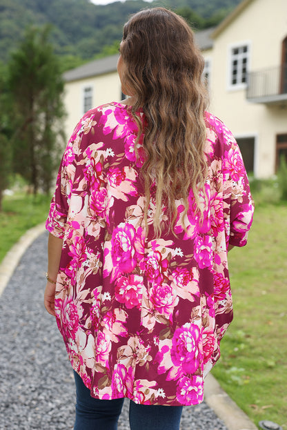 Floral Print Short Sleeve Plus Size Blouse | Red